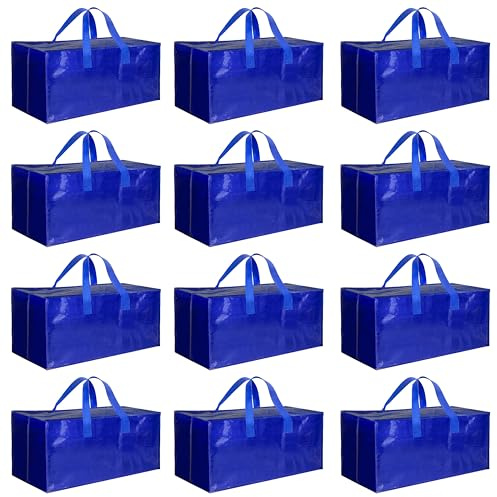HealSmart 12 Pack Extra Large Moving Bags with Zippers & Carrying Handles, Heavy-Duty Storage Tote Moving Boxes for Dorm Room Essentials Storage Bags, Blue