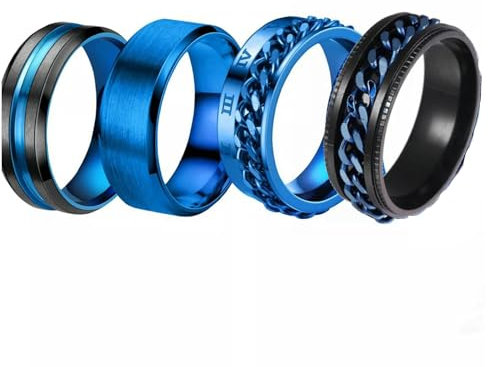 Daesar Partnerringe Edelstahl 8MM, Herren Ringe Personalisiert Matt und Drehbar Kette Männer Ringe Personalisiert Blau Freundschaftsringe 4er Set Gr.55 (17.5)