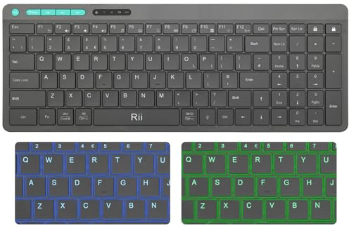 Rii Wireless Keyboard Bluetooth Keyboard Dual Mode, Rechargeable with Backli(Blue&Green),Low Profile for PC Computer Smart TV-UK Layout
