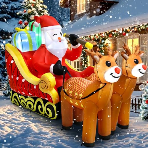 TCFUNDY Aufblasbarer Weihnachtsmann auf Schlitten mit Rentieren und Geschenkboxen, aufblasbar, für den Außenbereich, Hofdekoration