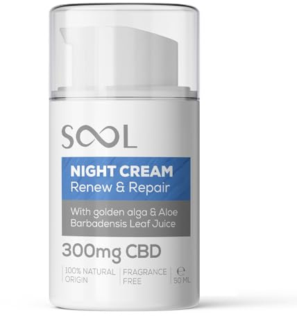 SOOL Crème de Nuit Visage Renew & Repair 300mg CBD, 50ml | Réparation Cellulaire pour Tous Types de Peaux | Meilleure Crème de Nuit pour le Visage avec Algue Dorée & Jus de Feuille d’Aloe Barbadensis