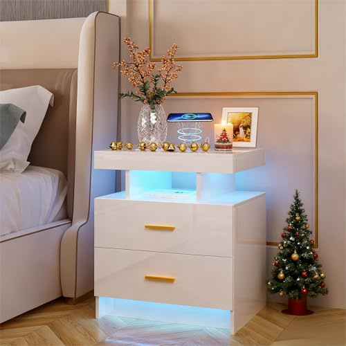 Gurexl LED Bedside Table with Wireless Charging Station, White Bedroom Bedside Table with Smart Night Stand with 2 Drawers Modern Bedside Tables for Bedroom, Living Room