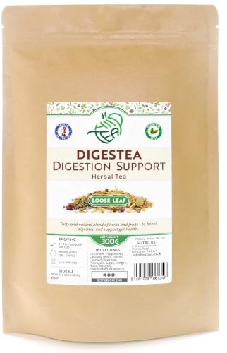 Digestea Natural Support Loose Tea – Mix of Herbs and Fruits (300g) | Peppermint & Ginger & Coriander & Caraway & Fennel & Pineapple & Strawberry & Hops & Marigold – Resealable Pouch