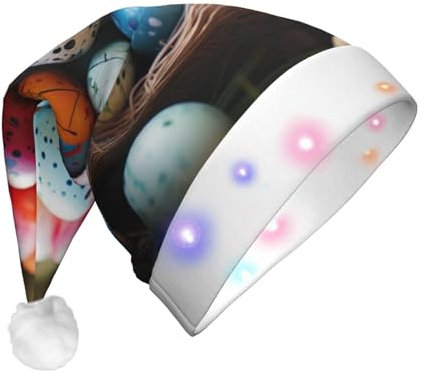 WenDang Easter Eggs Colorful Basket print Flannel Santa Hats Adult, Unisex Christmas Hat with LED Lights, 3 Modes