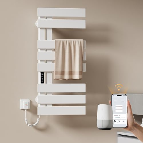 EMKE Elektrischer Handtuchheizkörper 850x400 mm, Handtuchwärmer mit WiFi-App-Steuerung, Timer & Thermostat, Badheizkörper zur Wandmontage, 230 Watt, IPX5, Weiß