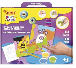 Jovi - Play&Fun - Set da pittura con sabbia colorata, 8 barattoli di sabbia e 3 fogli da colorare mostri, regali e artigianato per bambine e ragazzi dai 4 anni in su (2103)