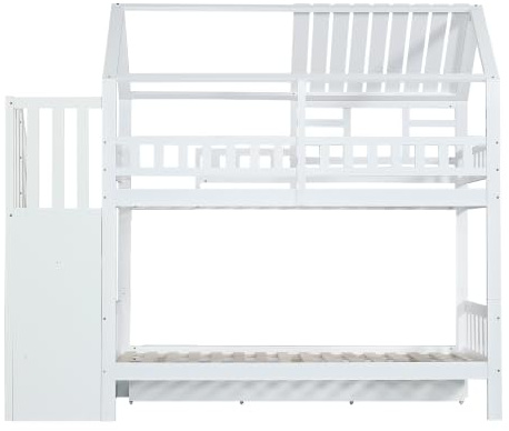 ANIROY Etagenbett Hausbett 90x200 mit Treppe, Stauraumbett, Kinderbett Bettrahmen mit Fallschutzgitter, Fenster und Dach, 90 x 200cm, Weiß