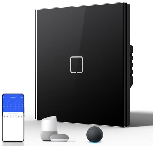 BSEED Smart Touch Lichtschalter,Glas Schalter Unterputz,Wandlichtschalter mit LED Hintergrundbeleuchtung,Neu E-Serie,16A 250V,1 Fach 1 Weg,86mm Schwarz