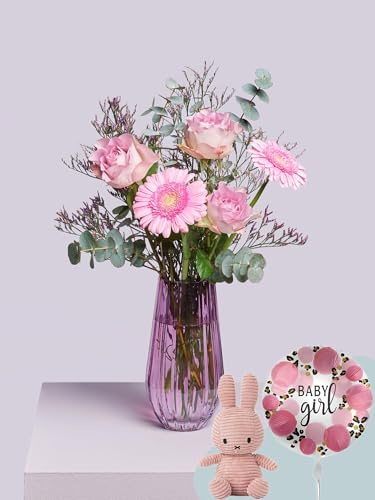 Blumenstrauß Hello Baby Girl in Rosa, mit Eukalyptus, Limonium und Rosen, 7-Tage-Frischegarantie, Floristen-Qualität, das perfekte Geschenk bestellen