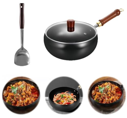 Uncoated Iron Pan,Belly Shape Frying Pan,Hand Forged Big Belly Pot,Non Stick Stock Pot,Flat Frying Pots,Multifunctional Pots,Versatile Cooking for Gas Stove,Induction (with Glass Lid+Shovel-24CM)