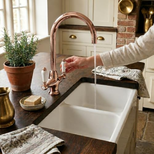 Go Bathrooms Kitchen Mixer Tap Rose Gold Victorian Swivel | Rose gold traditional Victorian style dual lever kitchen faucet with 360-degree swivel swan neck.