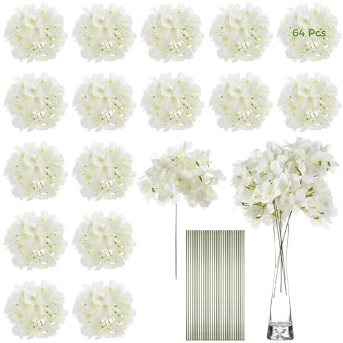 64 hortensias artificiales de seda blanca sintética con tallos para centros de mesa de boda, ramos y decoraciones de eventos