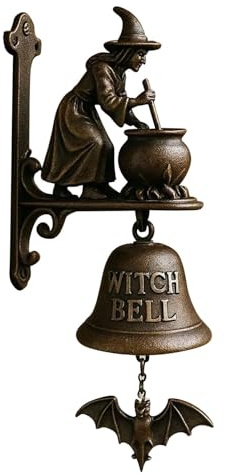 Sonnette vintage en fonte avec sorcière sur balai - Cloche décorative pour véranda, jardin, porte d’entrée, décoration de sorcière (B)