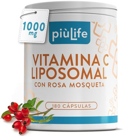 Vitamina C Liposomal 1000mg PiùLife, 180 Cápsulas, Vitamina C Pura Con Rosa Mosqueta, Suplemento Para Reforzar El Sistema Inmunológico, Energía, Alta Absorción Y Tolerancia