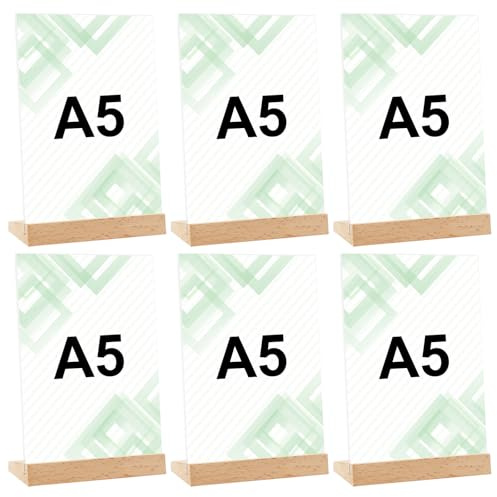 kiptyg 3 Stück Tischaufsteller A5 aus Acryl mit Holzfuß – Doppelseitiger Displayständer für Preisschilder, Menükarten & Werbung (14,8x21 cm) (A5-6Stück-C)