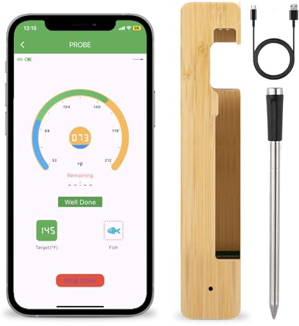 Smart Wireless Meat Thermometer, 656FT Long Range Bluetooth BBQ Thermometer Probe, Smart APP Control, Waterproof Instant Read Food Cooking Thermometer for Oven Grill Kitchen Smoker Air Fryers-1 Probe