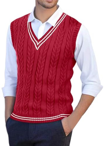 2025 Chaleco de suéter para hombre, ajuste ajustado, informal, de punto, sin mangas, cálido, para invierno, capa por capa, elástico, cómodo, ligero, suave, cuello redondo, suéter septiembre, rojo, M