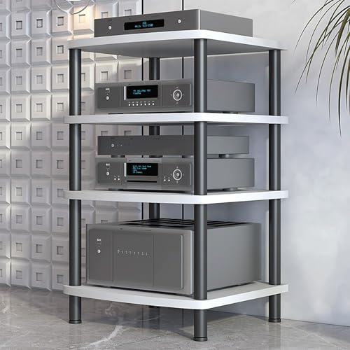 Modern Wooden Media Stand - Open Audio Rack with Carbon Steel Frame 4-Tier TV Stand AV Cabinet for Receiver DVD Player Projector - Stylish Storage Solution (White 60x54x89CM)