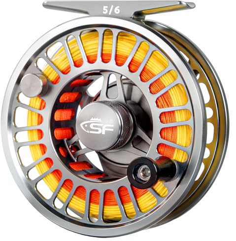 SF SF-003 Pro Fly Fishing Reel Pre-loaded Fluorescent Yellow Fly Line Kit for Freshwater, CNC Machined, Mid Arbor Design, Smooth Drag System, Lightweight Aluminum Body, 5/6wt, Matte Gunmetal Gray