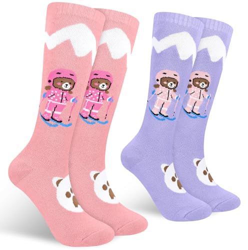 KOOOGEAR Lot de 2 paires de chaussettes de ski thermiques haute performance pour filles, pour le ski, le snowboard, la randonnée, les activités de plein air, rose/violet, 5-10 ans