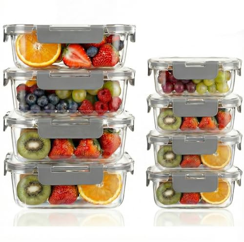 OFFASST Recipientes De Vidrio Borosilicato Para Alimentos, Juego de 8 Piezas para Meal Prep y Almacenamiento (370ml & 1040ml), Recipientes Herméticos para Microondas y Lavavajillas, Sin BPA