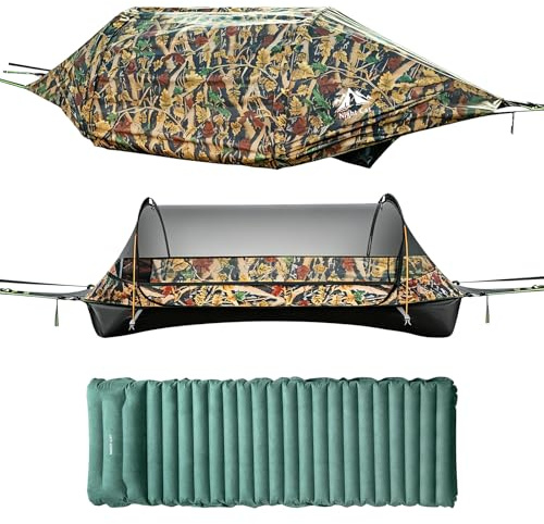 Night Cat Hängematte Outdoor Wetterfest: Hängemattenzelt Flach Liegend mit Moskitonetz Tarp und Aufblasbare Schlafmatte XXL für 1 Personen Camping Trekking und Garten