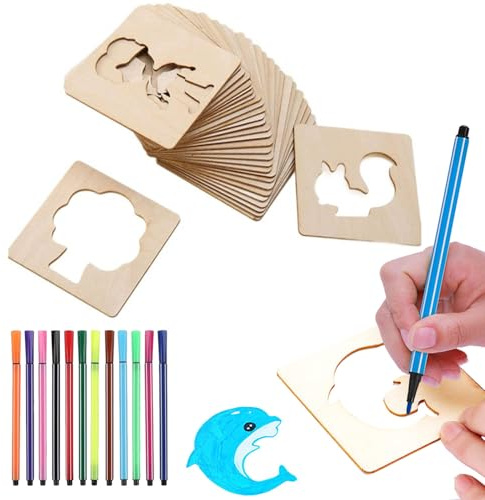 JDCMEI 60 Stück Zeichenschablonen für Kinder, Hölzern Kreideschablonen Kinder, Zeichenschablonen aus Holz, Pädagogische DIY-Malschablonen, Malvorlagen für Kleinkinder mit 12 Aquarellstifte