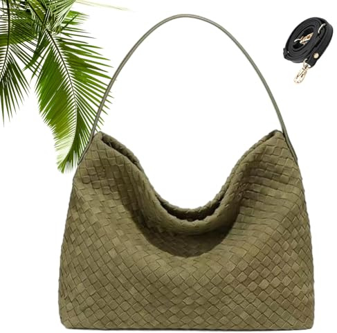 Generisch 2026 Upgrade Gewebte Wildleder-Schultertasche, große Hobo Tasche für Damen, trendige geflochtene Satchel-Handtasche, lässige, übergroße Tasche für Arbeit, Reisen und Alltag (Olivgrün)
