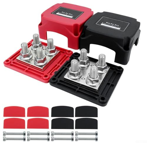 babominimer Robuste Sammelschiene für Auto, Wohnmobil, Boot, 400 A, 48 V, mit 8 x M10-Nieten, Stromverteiler-Klemmleiste aus verstärktem Nylon, Kupfer, 304 Edelstahl, Rot und Schwarz