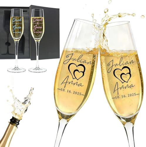PFTPOW Personalized Wedding Champagne Flutes Set of 2 Customized Mr and Mrs Champagne Flutes Printed Name & Date Gifts for Engagement Bridal Shower Anniversary - Printed