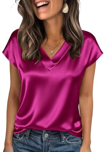Onsoyours Camicia da Donna Elegante in Raso di Seta Camicetta a Maniche Corte con Scollo a V Blusa Basic Tinta Unita Tops
