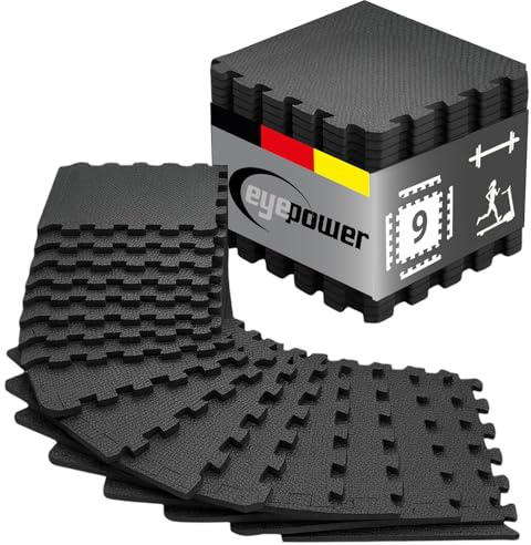 EYEPOWER Dalles de Protection Sol Fitness 30x30 cm Noir - 9 Tapis Home Gym - Dalles Amortissantes Salle de Sport - Protection Sol pour Tapis de Course Vélo Elliptique Crosstrainer