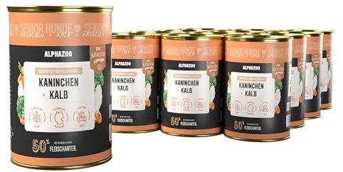 alphazoo Nassfutter Senior Hund mit Kalb + Kaninchen 12×400g – getreidefreies Nassfutter Hund für ältere Hunde – leicht verdaulich, natürliche Zutaten, Premium Hundefutter Made in Germany