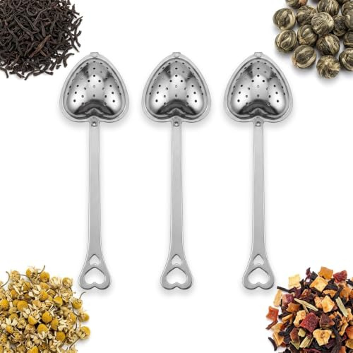 suction 3 PCS Tea Strainers for Loose Tea, Heart Shaped Tea Infusers with Long Handles, Set for Home and Office Brewing, Portable Kitchen Filter Tools for Daily Use and Travel