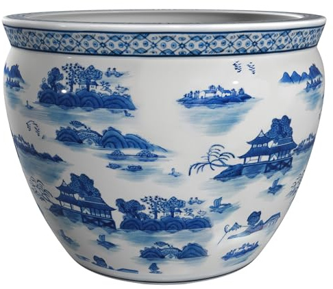Red Lantern Oriental Furniture Fischglas, Porzellan, 45,7 cm, Blau/Weiß