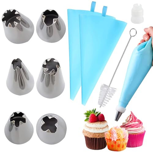 Manga Pastelera de silicona y 6 x boquillas de pastelería de acero inoxidable, juego de decoración de pasteles para manualidades (6 boquillas + 2 manga azul)