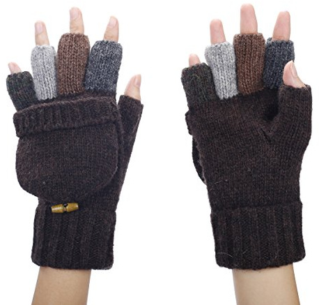 ZUMUii Butterme Herren Wolle gestrickt Cabrio Fingerlose Handschuhe Fahrhandschuhe Fausthandschuh mit Fold Back Pocket (Kaffee)