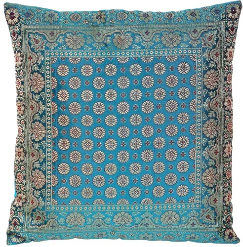 Ruwado Türkis Seide Kissenbezug | Zierkissenbezug | Sofakissenbezug | Dekokissen | Zierkissen | Kissenhülle - 40 cm x 40 cm ***Handgewebt und Handgefertigt von Kunsthandwerkern aus Kaschmir-Indien***