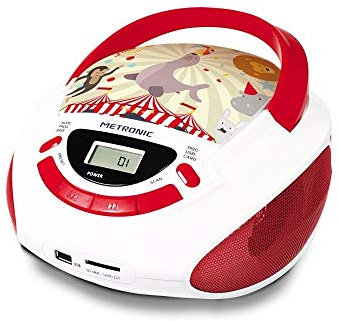 Metronic 477145 - Reproductor de CD portátil, Lector CD portatil con Toma USB/SD para MP3 / AUX Jack 3,5mm, Toma Auricular, 6W, Circus Blanco/Rojo