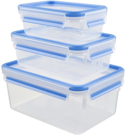 Tefal Masterseal, Set de 3 piezas, Herméticos de plástico, 0,55/1/2,3 L, Envase para alimentos, Rectangular, Azul, K3028912