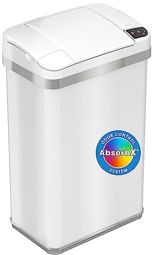 iTouchless 4 Gallon Sensor Trash Can with Odor Filter and Fragrance, Touchless Automatic Stainless Steel Waste Bin, Perfect for Office and Bathroom, Pearl White…