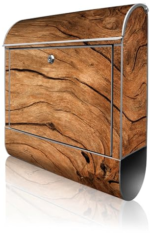 banjado Design Briefkasten personalisiert 38,5x46,5x13cm & 2 Schlüssel - Briefkasten Stahl Weiß Zeitungsfach pulverbeschichtet - Postkasten A4 Einwurf inkl. Montagematerial - Motiv Trockenes Holz