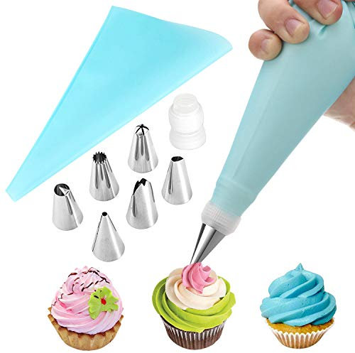 StarTreene 8 Teiliges Spritztüllen Set mit 6 Edelstahldüsen 1 Silikon-Spritzbeutel 1 Adapter Kuchen Backzubehör Torten