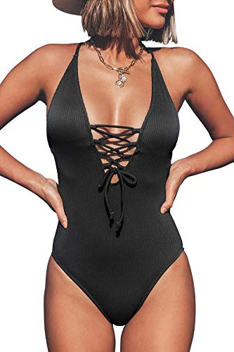 CUPSHE Damen Badeanzug mit Schnürung Plunge Einteiler Gerippte Einteilige Bademode Swimsuit