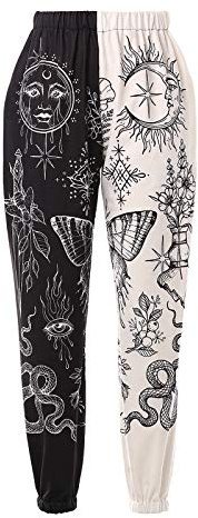 Amuver Women's Boho Hippie Harem Pants High Smocked Waist Printed Patchwork Sweatpants Yoga 90S Goth Baggy Casual Trousers White/Black