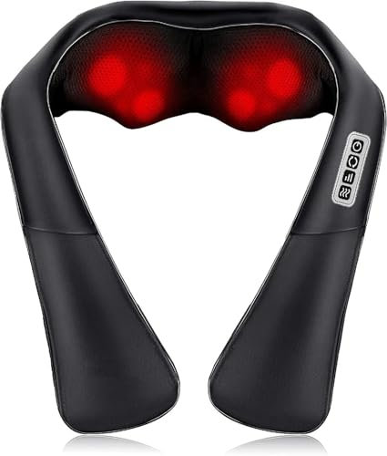 FISHTEC Masajeador de Cuello, Hombros y Espalda - Masajeador Eléctrico con Calentamiento - Masaje con Rodillos Shiatsu - 3 Velocidades Ajustables - Cuero - Negro