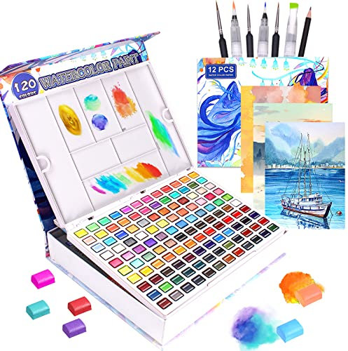 Lyuvie 120 Aquarellfarben Set, Watercolor Paints mit Aquarellkasten,Metallic und fluoreszierende Wasserfarben,Aquarell Set für Einsteiger Künstler Anfänger