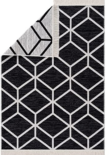Pasha Home Läufer 120x170 cm Bern/Boho Teppich aus Baumwolle für Wohnzimmer, Schlafzimmer, Küche, Bad, Kinderzimmer/Boho Style Wendbar/Schwarz Weiß