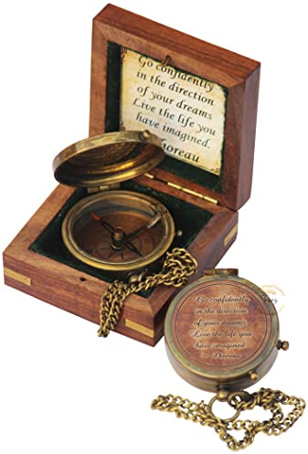 TUBAZ Thoreau's Go Confidently Quote Engraved Compass with Wooden Box - Religious & Christian Gifts for Men, Camping & Graduation Day