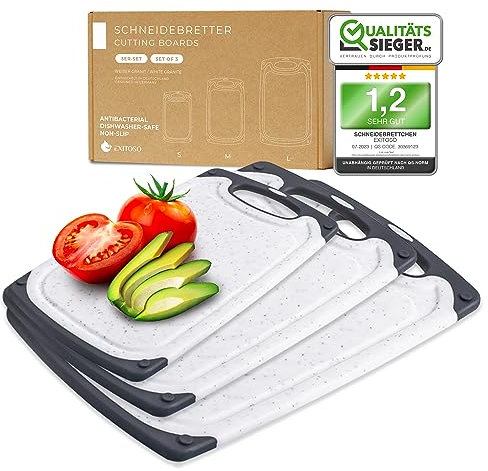 Exitoso Set di 3 taglieri con scanalatura per succo, lavabile in lavastoviglie e antiscivolo, effetto marmo, bianco, tagliere in plastica, senza BPA, grande tagliere